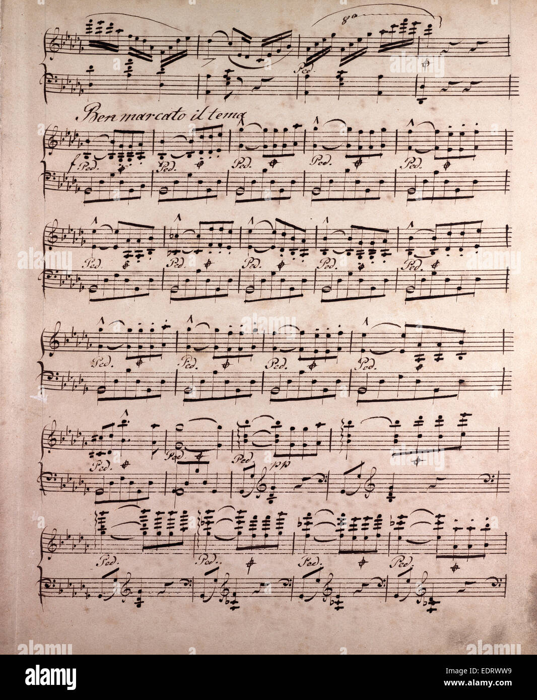 old sheet of music with handwritten notes, mf, mezzo-forte Stock