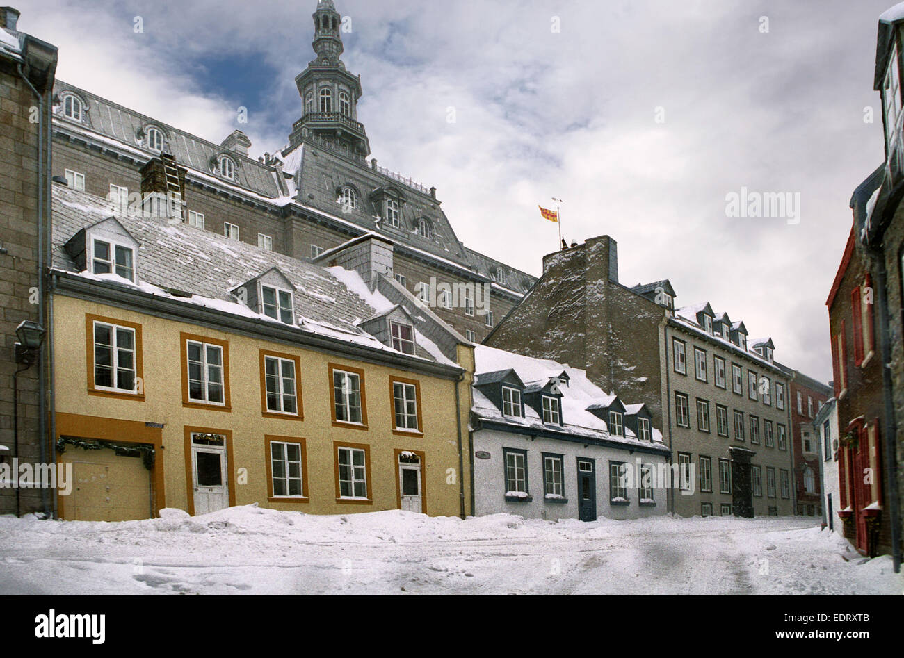 Typical old Quebec City architecture of French inspiration,The spire of ...