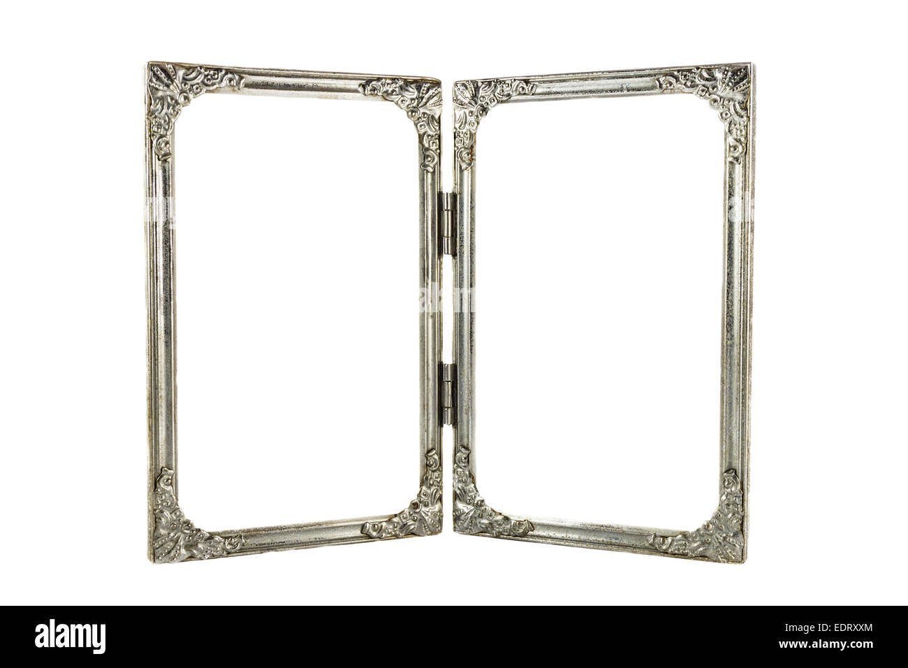 old twin aluminium frames with hinge on white background Stock Photo