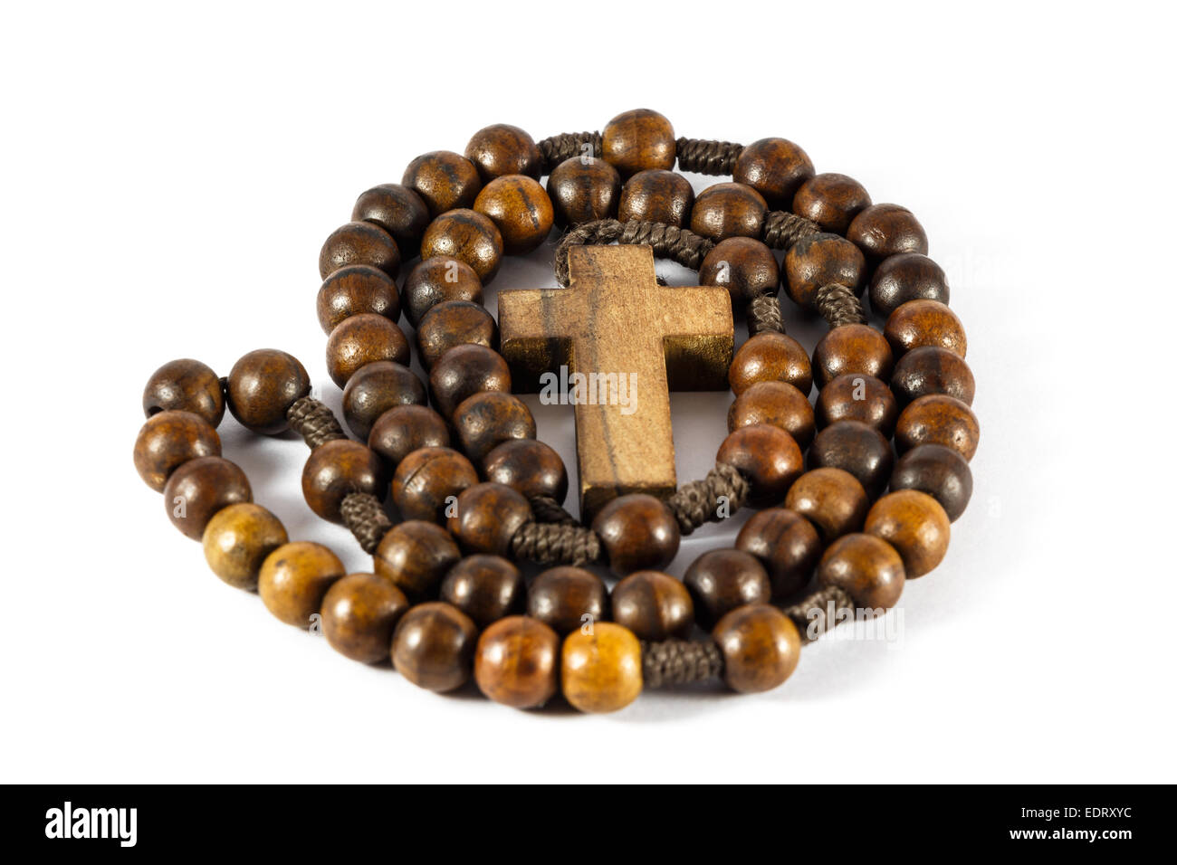 wood rosary in round shape and cross on white background(isolated) Stock Photo