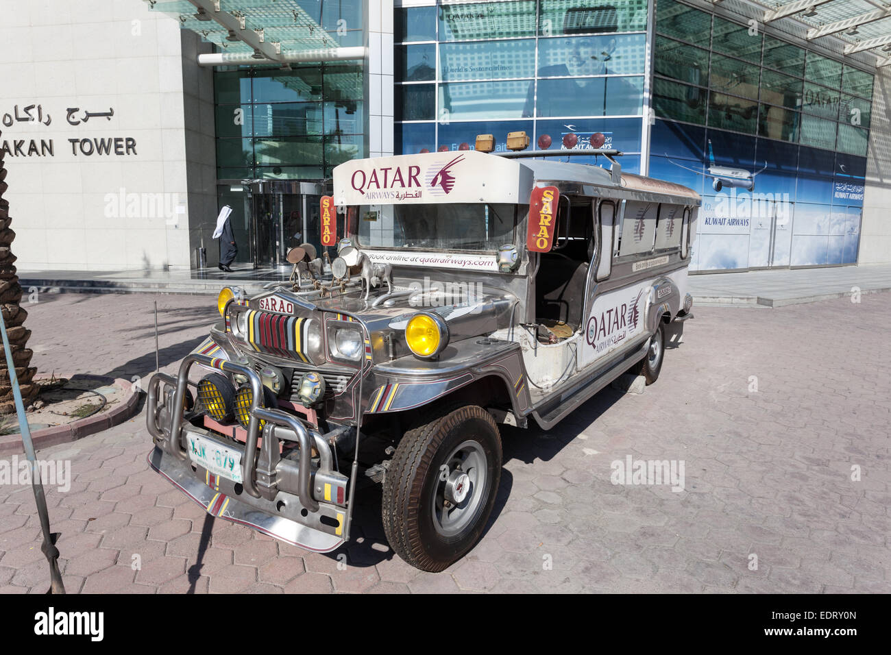 Sarao Motors jeepney car from Qatar Airways in the city of Kuwait. December 8, 2014 in Kuwait, Middle East Stock Photo
