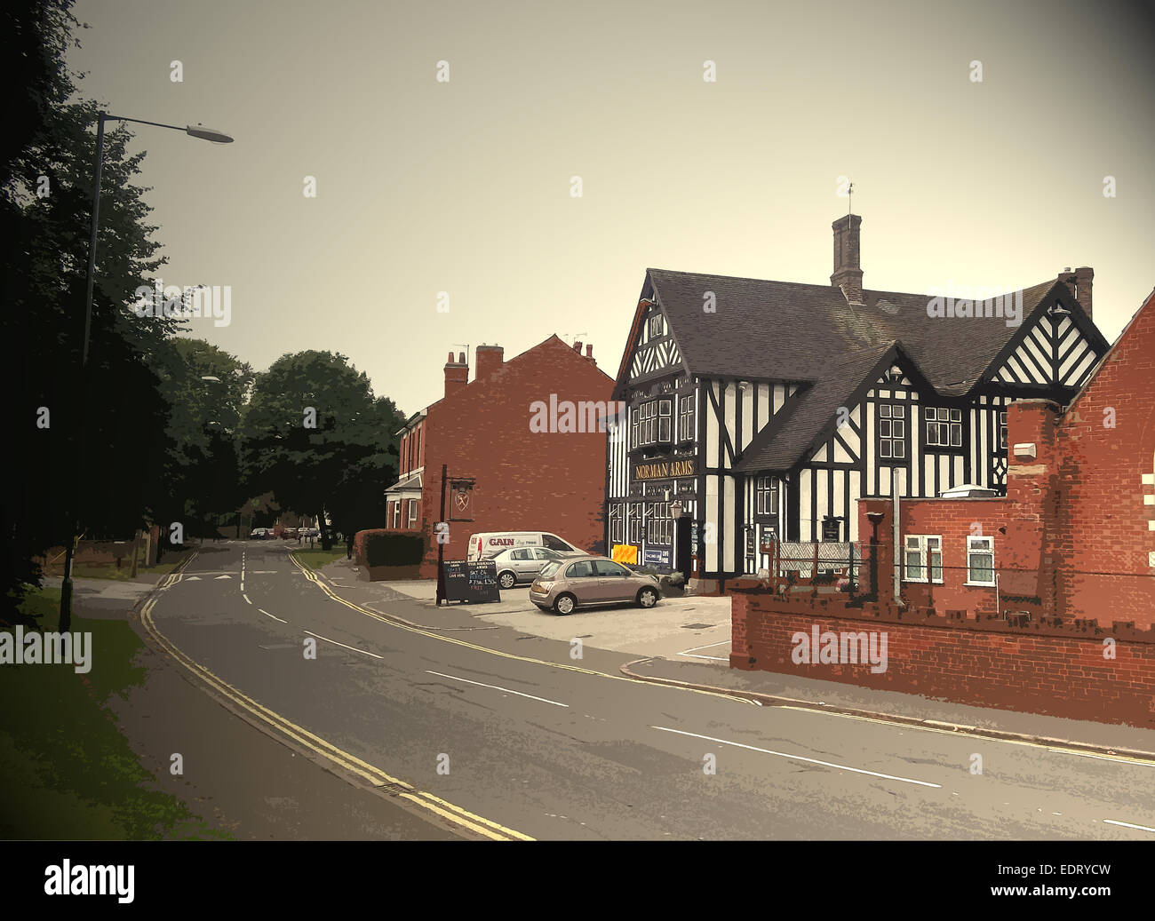 Village Street in Normanton, The mock-tudor building on the right of picture is the Norman Arms, UK, art, art Britain Stock Photo