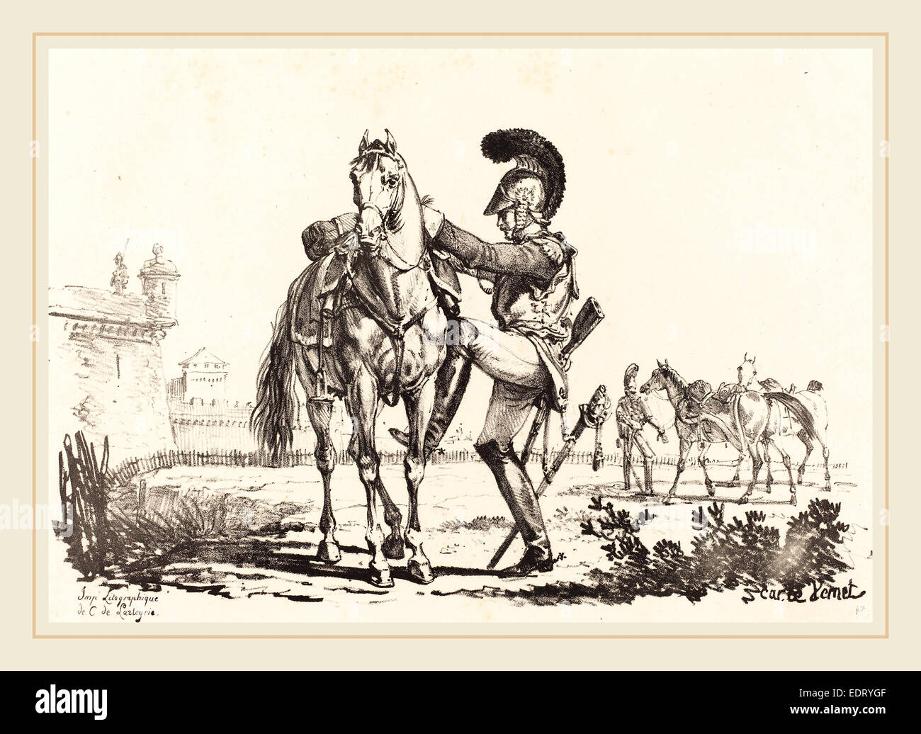 Carle Vernet (French, 1758-1836), Carabinier Mounting a Horse, lithograph Stock Photo