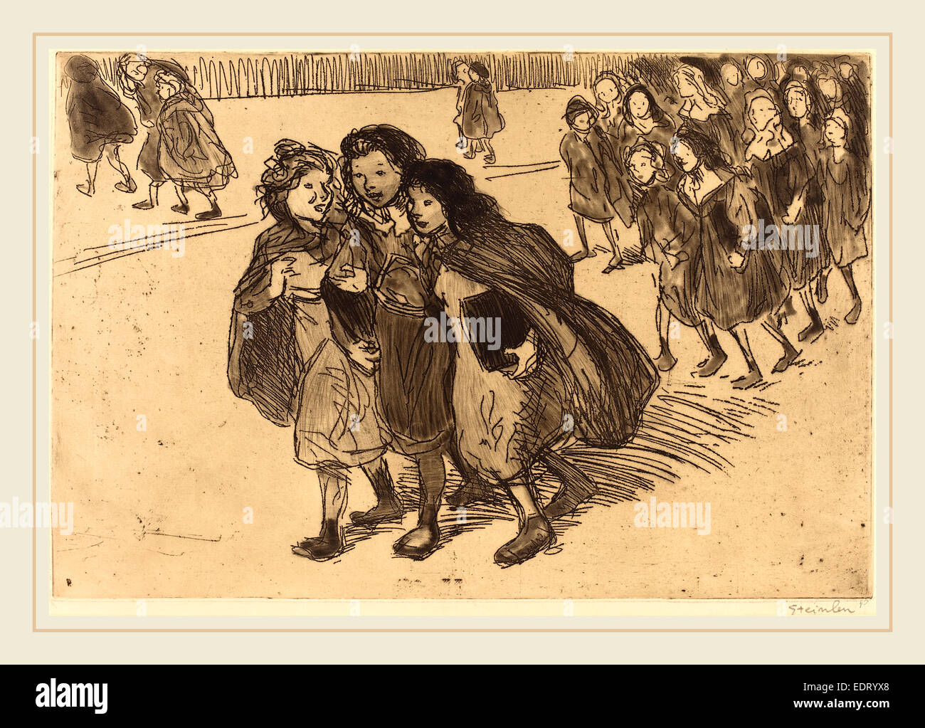 Théophile Alexandre Steinlen, Girls Coming from School (Gamines sortant de l'ecole), Swiss, 1859-1923, 1911, etching, copper Stock Photo