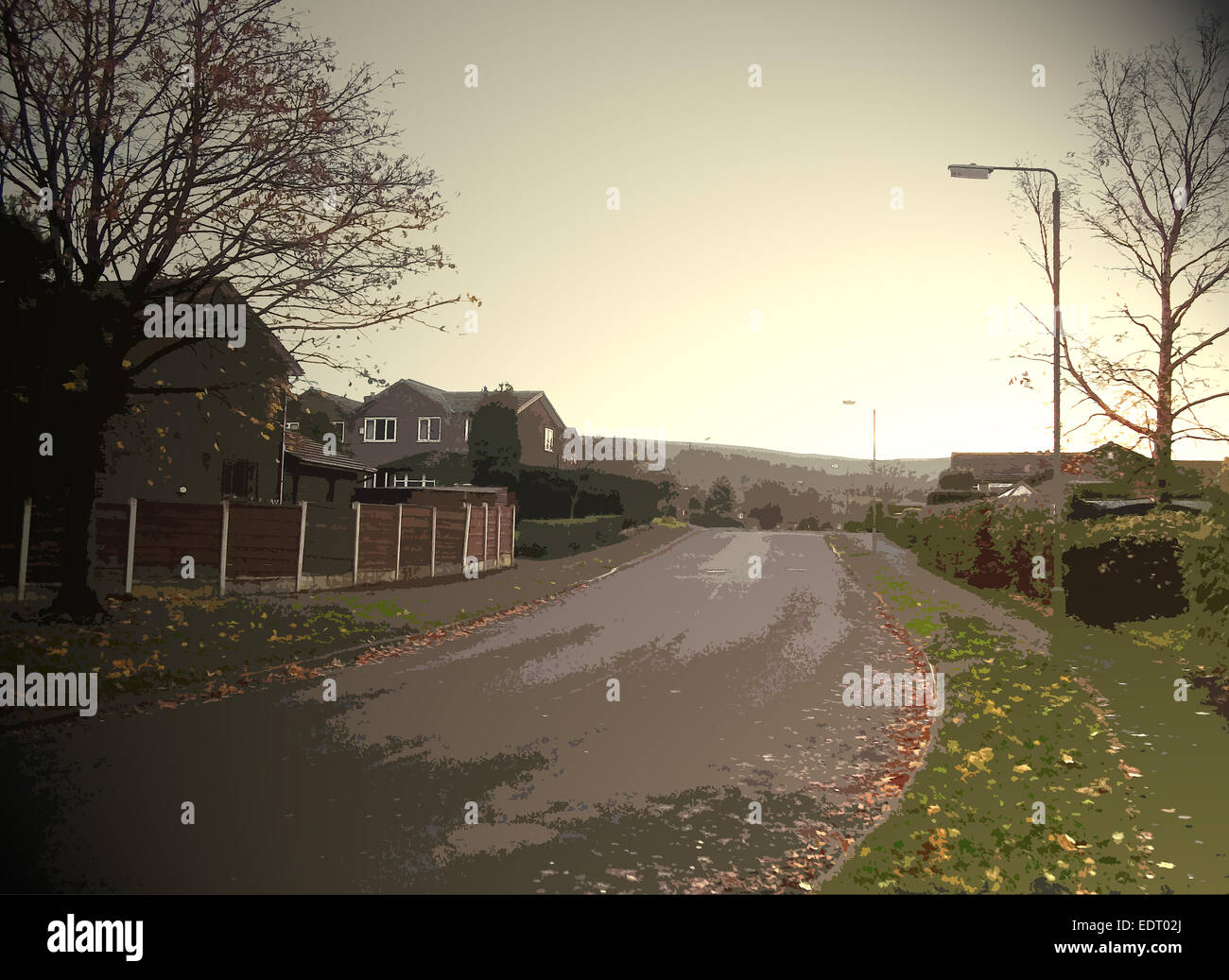 Shirebrook Drive in Glossop, The hills of Chunal Moor can be seen rising in the distance, UK
