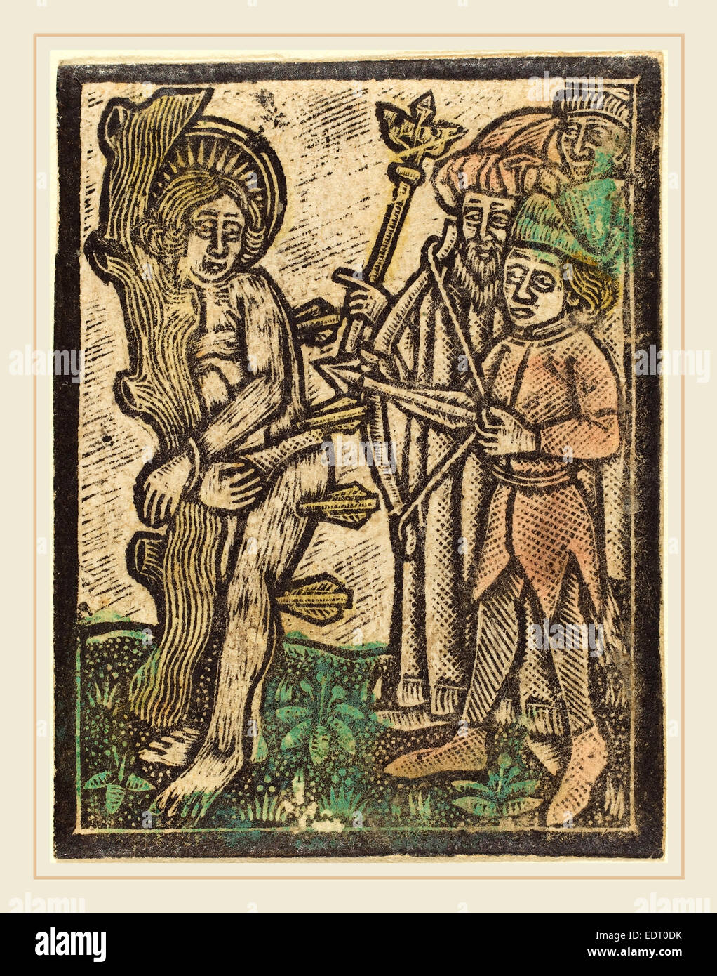 German 15th Century, Saint Sebastian, c. 1480, metalcut, hand-colored in green, rose, and yellow Stock Photo