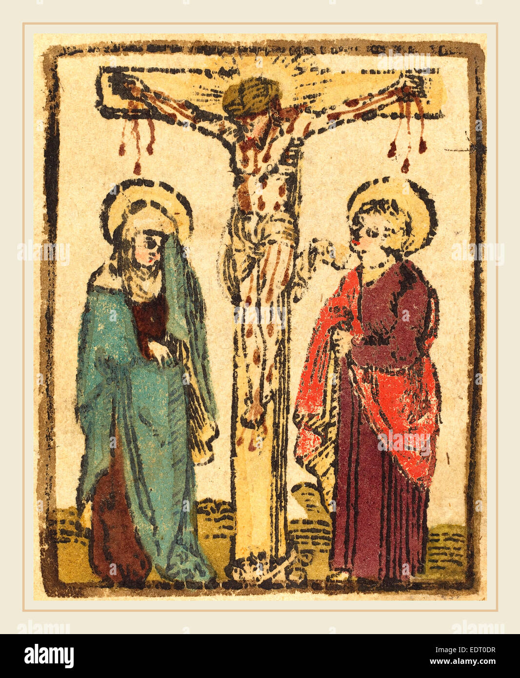German 15th Century, Christ on the Cross, c. 1490-1500, woodcut, hand-colored in blue-green, vermilion, lavender, brown, olive