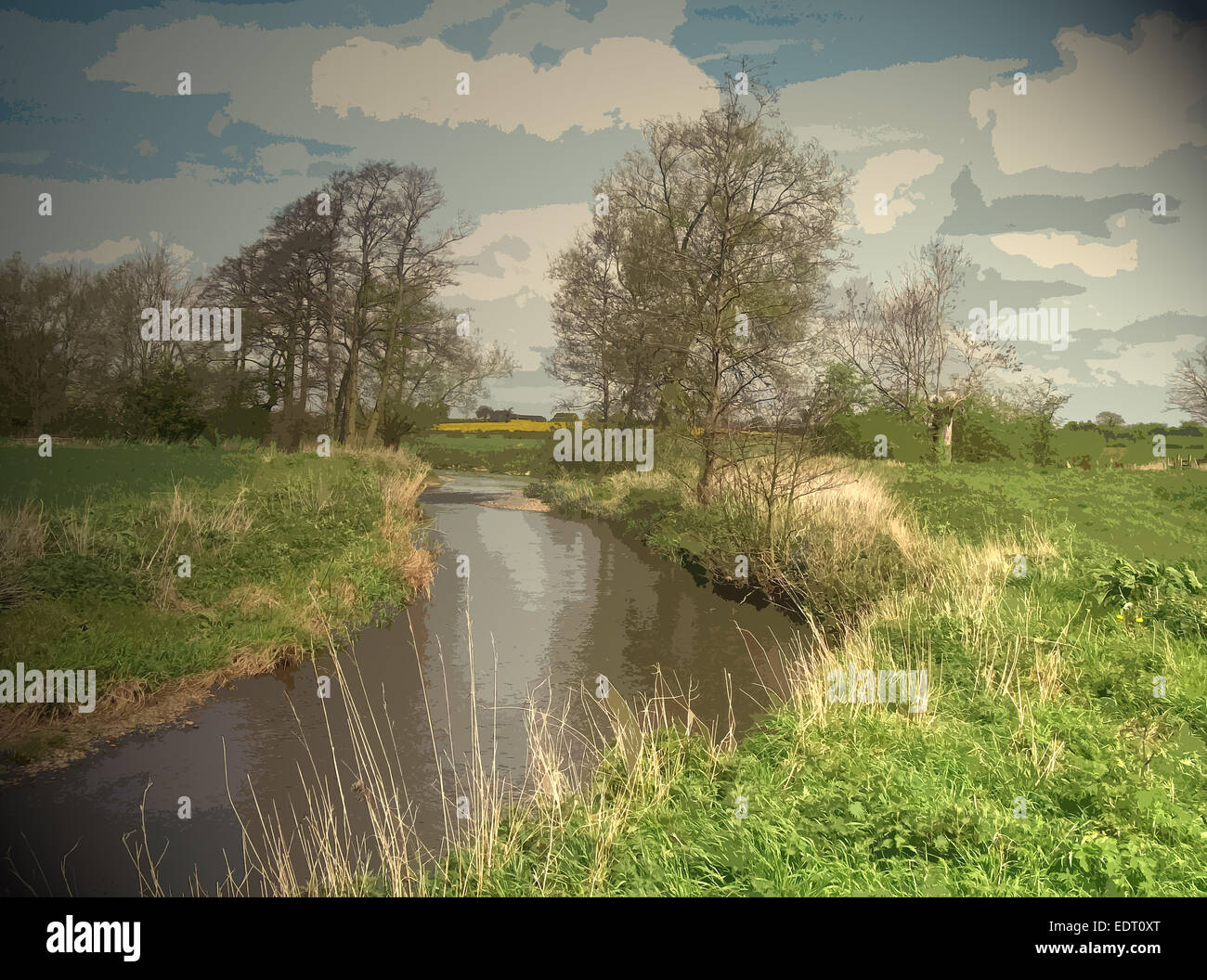 Longford Brook, Looking in the direction of Hill Top Farm and, further to the north, Longford village itself, UK, art Stock Photo