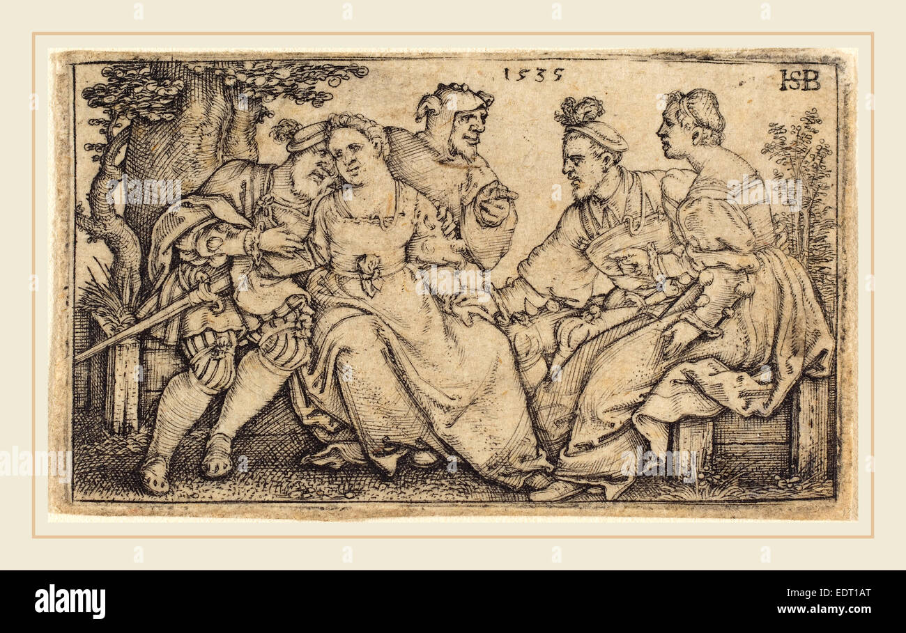 Sebald Beham (German, 1500-1550), Two Loving Pairs with Clown, 1535, engraving Stock Photo