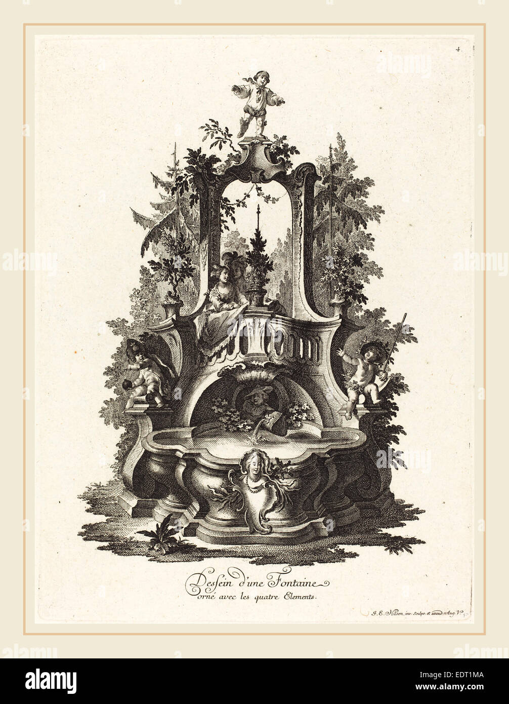 Johann Esaias Nilson (German, 1721-1788), Dessein d'une Fontaine orné avec les quatre Elements. Design for a Fountain Decorated Stock Photo