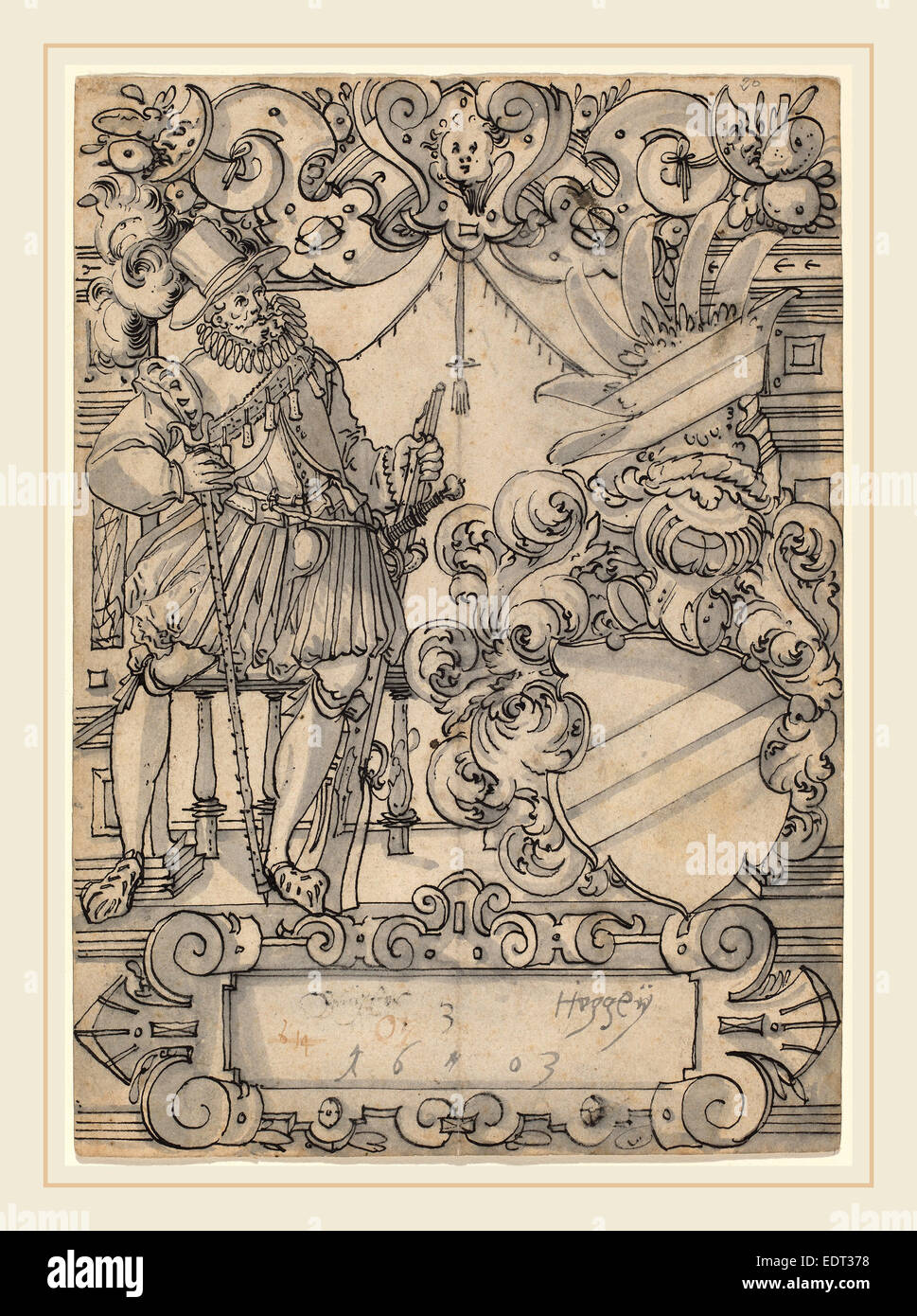 Hans Jegli II (Swiss, 1580-1643), A Donor with a Coat of Arms (Schildbegleiter und Wappenschild mit Schrägbalken), 1603, pen Stock Photo