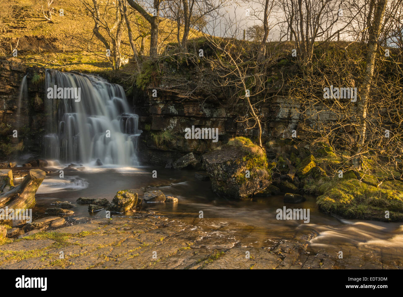 The Upper East Gill Force waterfall at Keld on a cold January day. Stock Photo