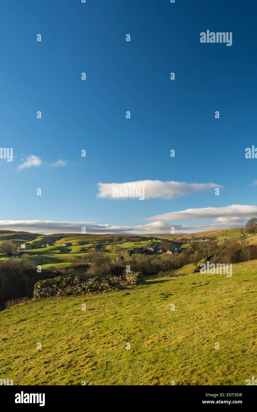 A view over the frosty valley below Keld village in the Yorkshire Dales. Stock Photo