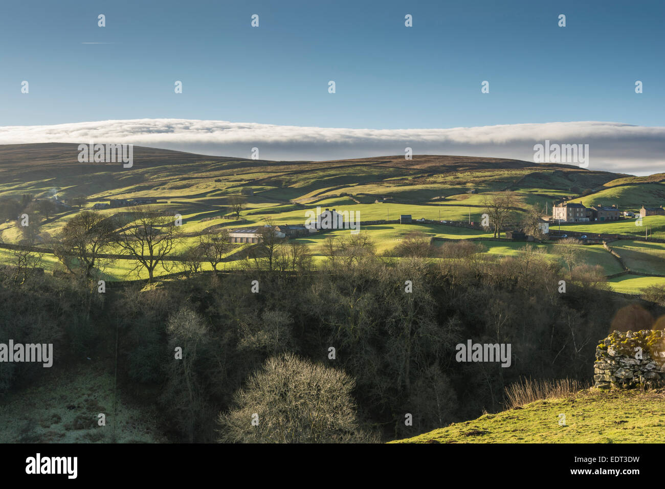 A view over the frosty valley below Keld village in the Yorkshire Dales. Stock Photo