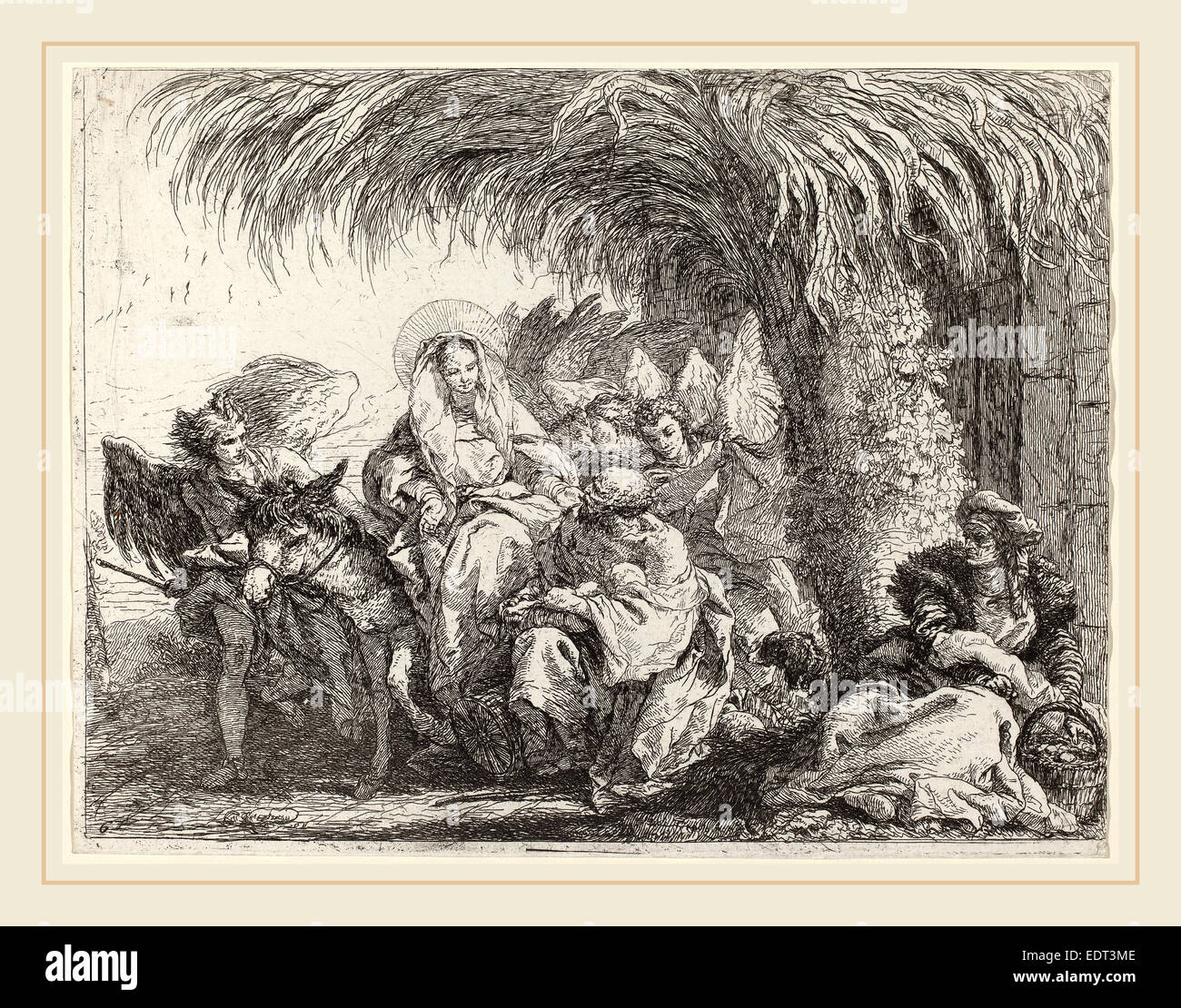 Giovanni Domenico Tiepolo (Italian, 1727-1804), Joseph Kneels with the Child before Mary on the Donkey, published 1753, etching
