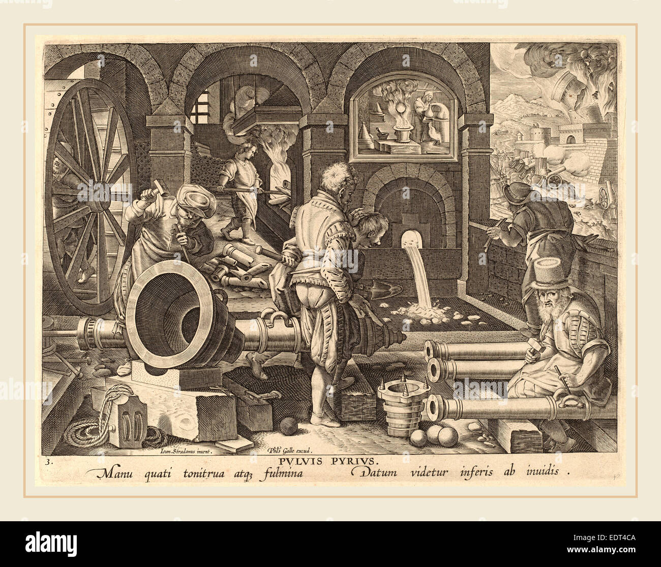 Theodor Galle after Jan van der Straet (Flemish, c. 1571-1633), Casting of Cannons: pl.3, c. 1580-1590, engraving Stock Photo