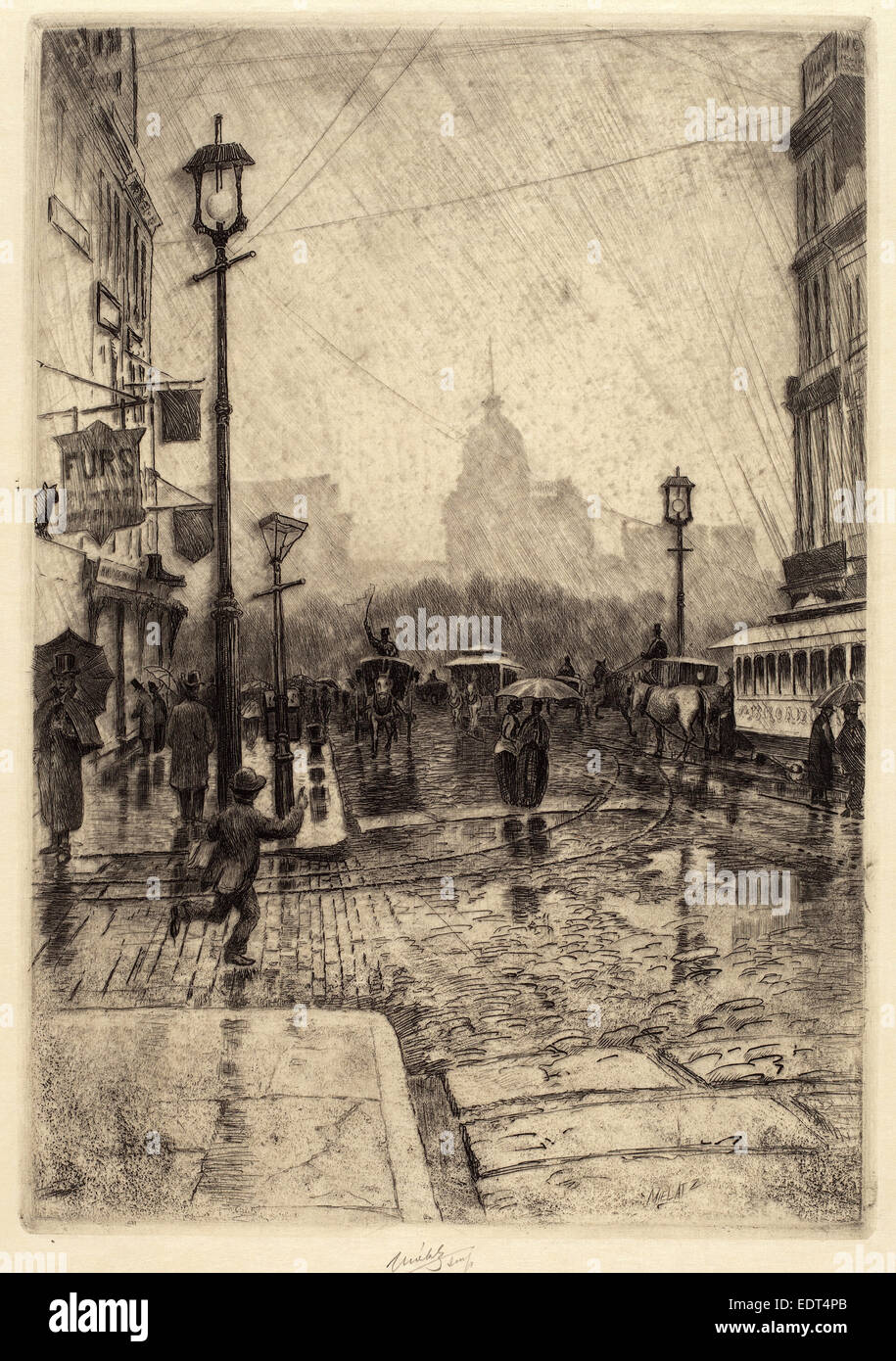 Charles Frederick William Mielatz, Rainy Day, Broadway, American, 1864 - 1919, probably 1890, etching and aquatint Stock Photo