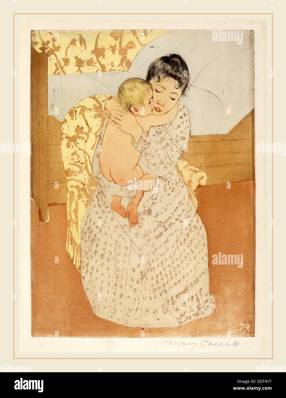 Mary Cassatt, Maternal Caress, American, 1844-1926, c. 1891, color drypoint and soft-ground etching on cream wove paper Stock Photo