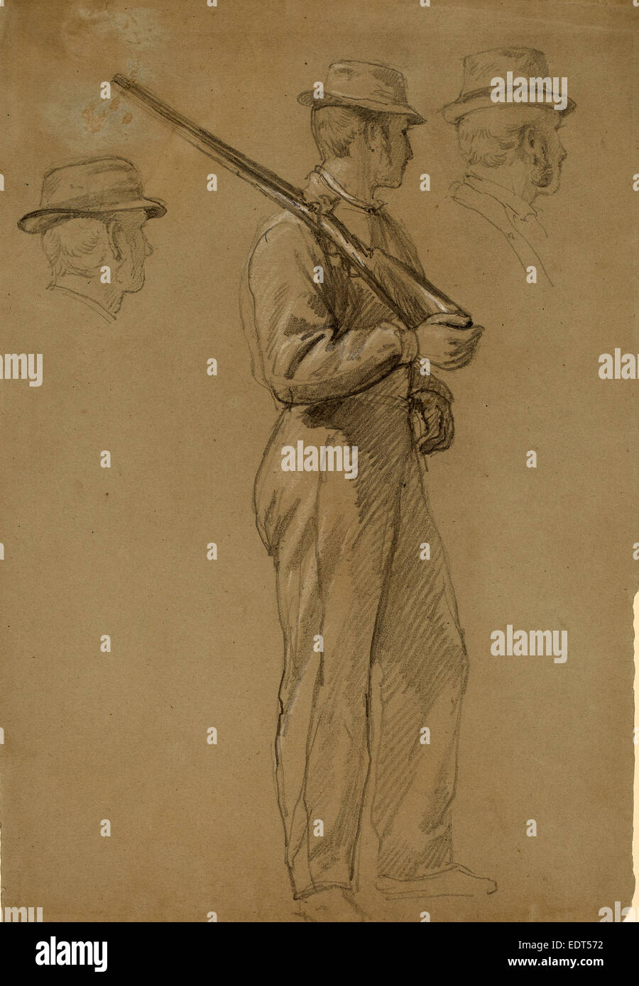 Daniel Huntington, Recruit; Two Studies of Heads, American, 1816 - 1906, c. 1862, graphite touched with white chalk Stock Photo