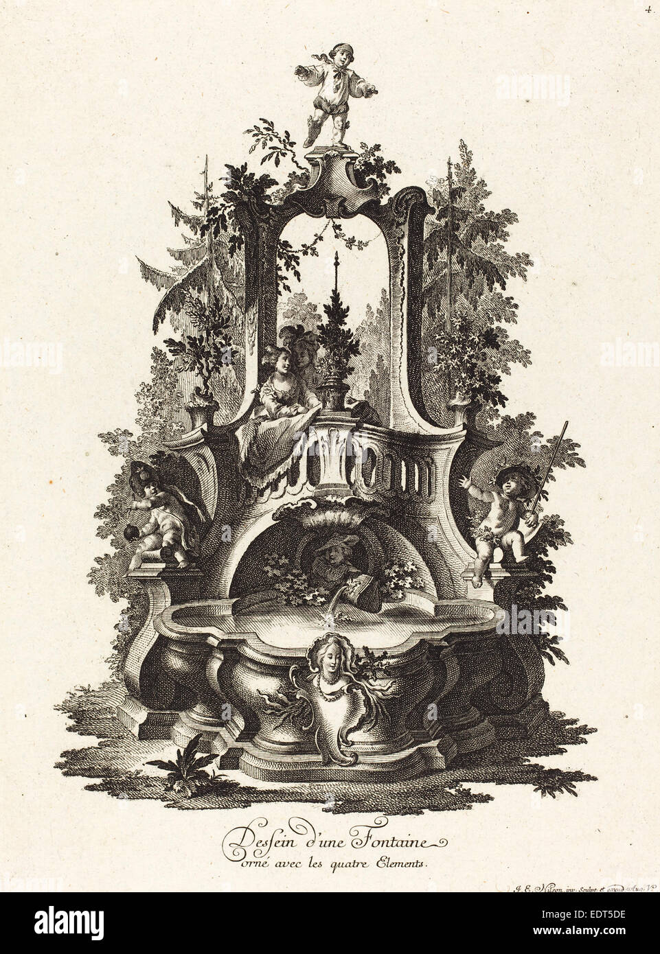 Johann Esaias Nilson (German, 1721 - 1788), Dessein d'une Fontaine orné avec les quatre Elements (Design for a Fountain) Stock Photo