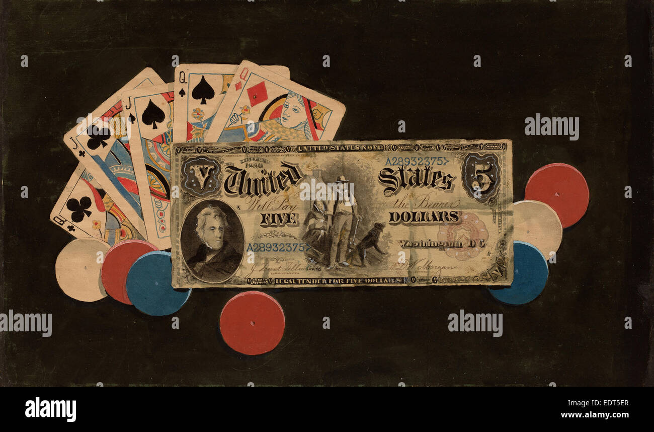 American 19th Century, Trompe l'Oeil: A Full House with Chips and a $5 Bill, c. 1895, watercolor over graphite Stock Photo