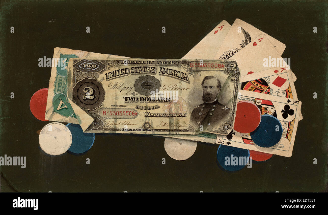 American 19th Century, Trompe l'Oeil: A Full House with Chips, $2 and $5 Bills, c. 1895, watercolor over graphite Stock Photo