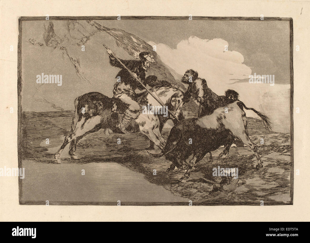 Francisco de Goya, Modo con que los antiguos Espanoles cazaban los toros a caballo en el campo Stock Photo