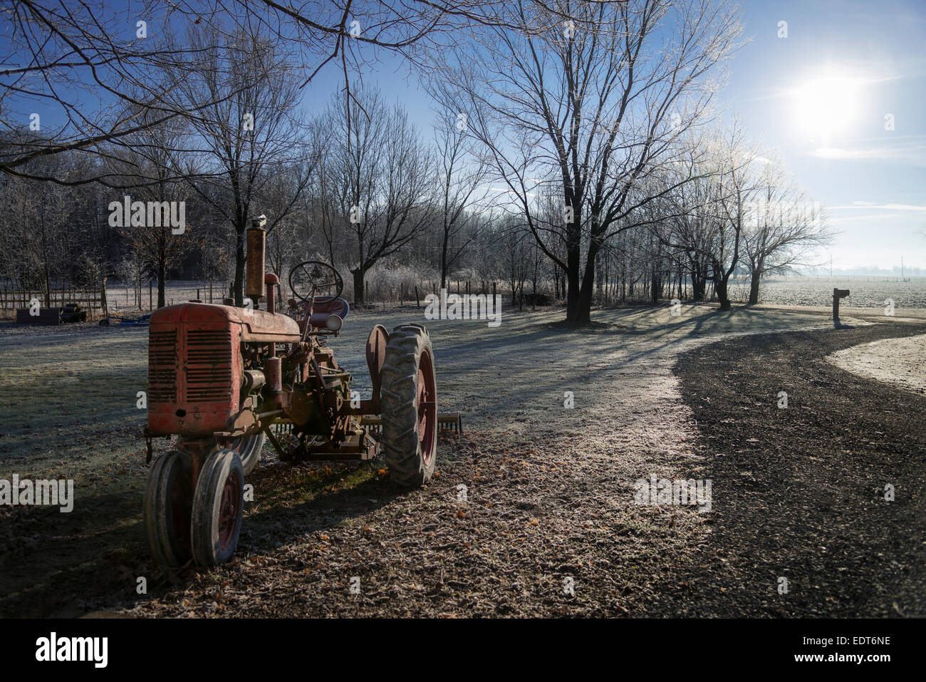 Tractor Frosty Winter Morning, Indiana, USA Stock Photo