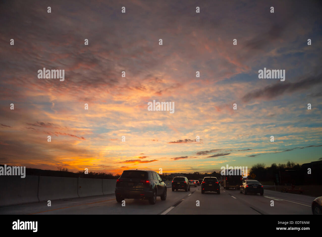 Highway Traffic, Sunset Drivers Perspective Stock Photo