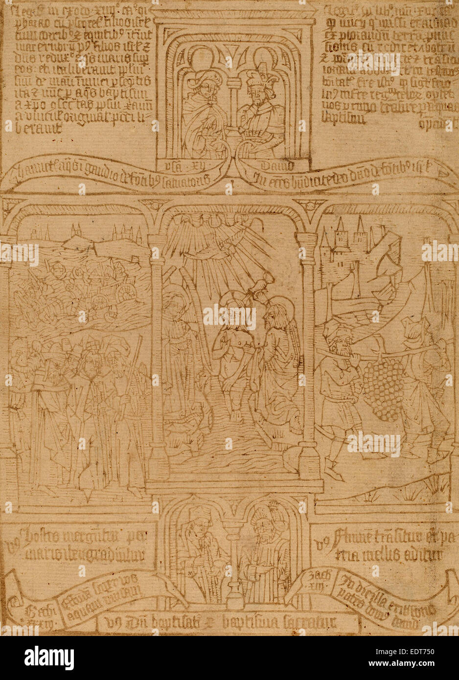 Netherlandish 15th Century, The Baptism of Christ; Pharoah Passing th    rough the Red Sea; Joshua and Caleb, c. 1465, woodcut Stock Photo
