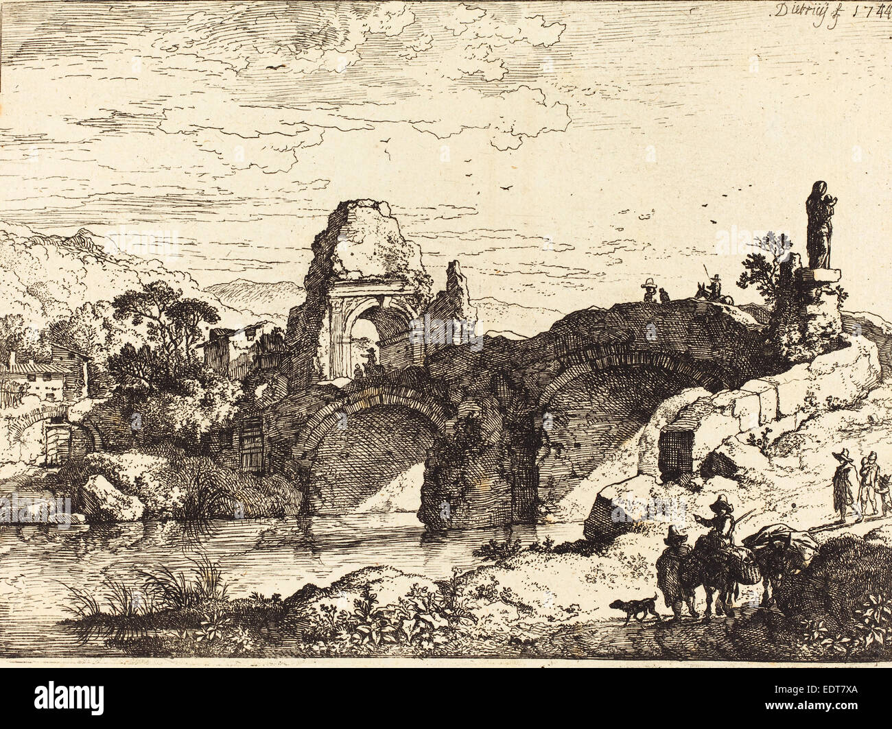 Christian Wilhelm Ernst Dietrich (German, 1712 - 1774), Landscape with a Bridge and Ruined Tower, 1744, etching