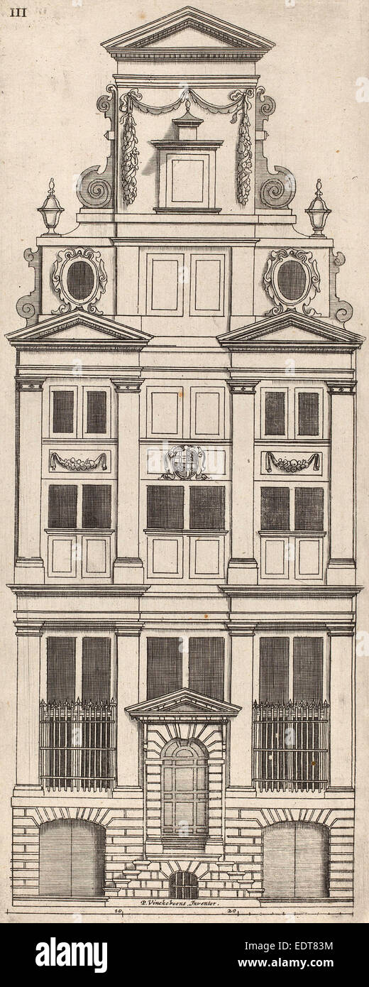 Vignola (author) and anonymous engraver after Philips Vingboons (Italian, 1507 - 1573), Dutch Facade Elevation: pl. 3, c. 1642 Stock Photo