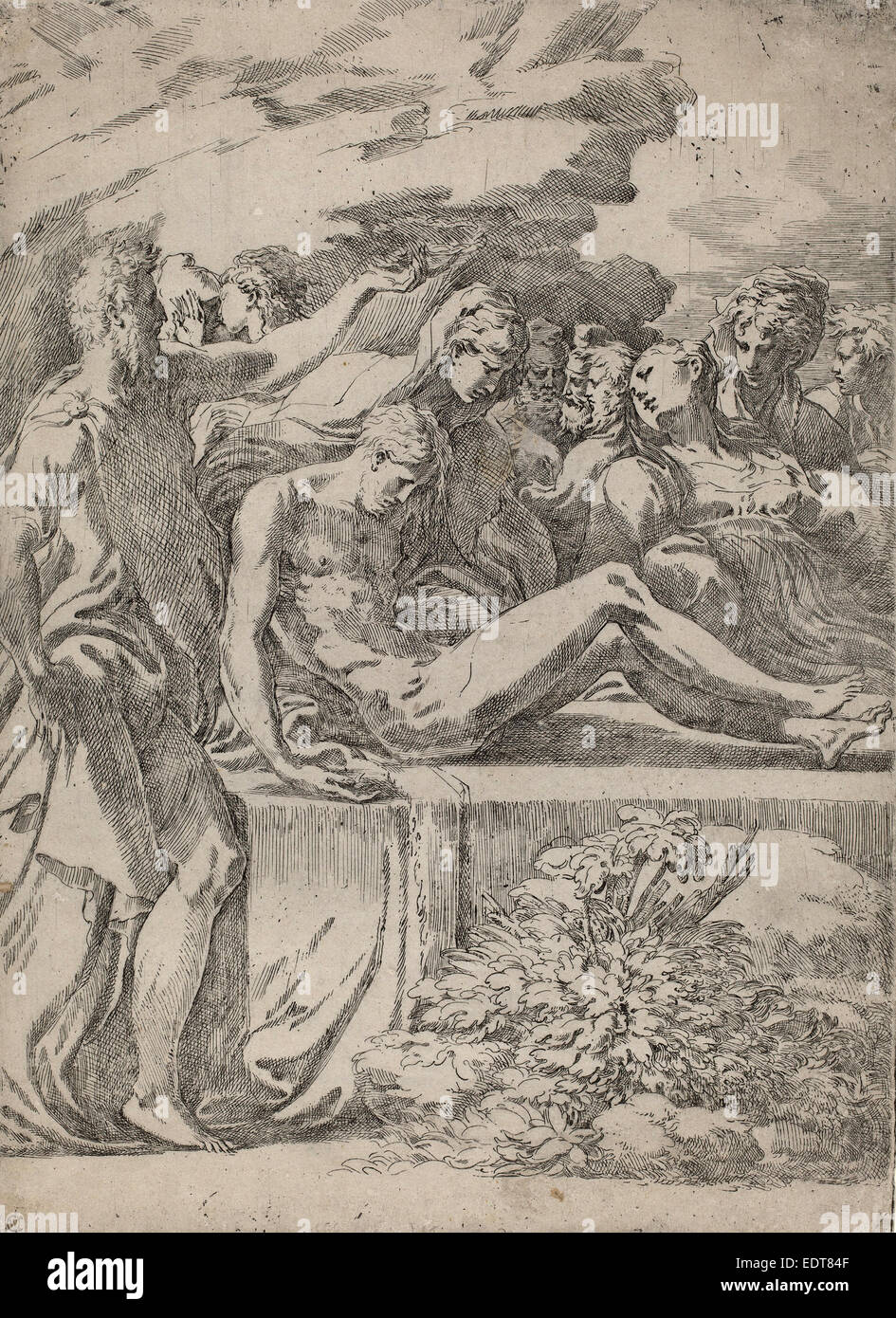 Parmigianino (Italian, 1503 - 1540), The Entombment, c. 1530, etching and drypoint Stock Photo