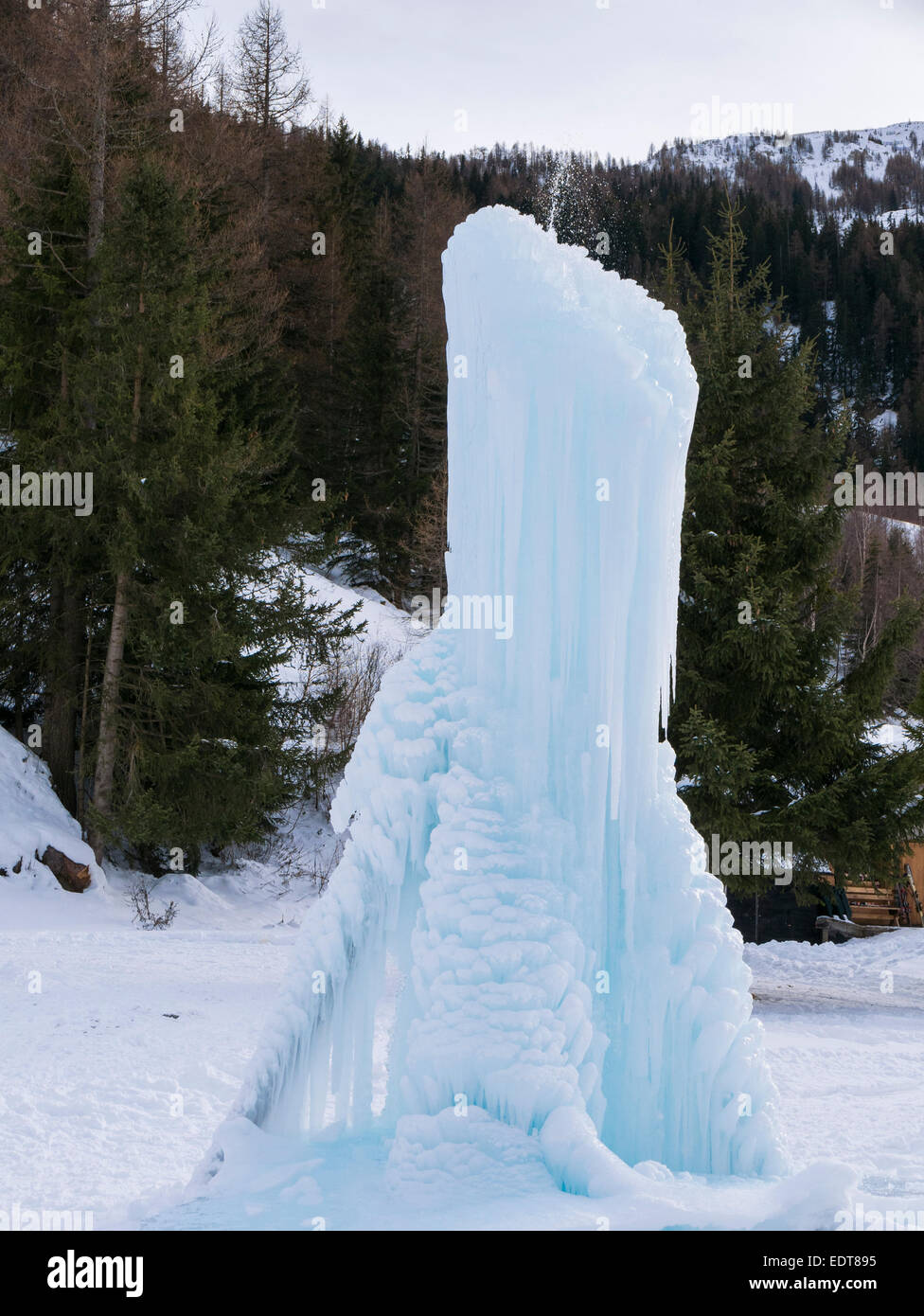 Frozen ice fountain. Zerotta, Courmayeur, Valle d'Aosta, Italy, Europe Stock Photo