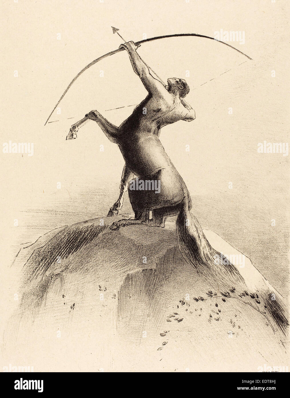 Odilon Redon (French, 1840 - 1916), Centaur visant les Nues (Centaur aiming at the Clouds), 1895, lithograph on chine appliqué Stock Photo