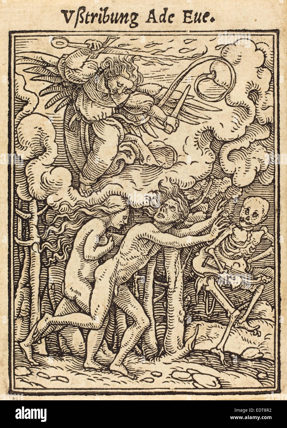 Hans Holbein the Younger (German, 1497-1498 - 1543), Adam and Eve Driven from Paradise, woodcut Stock Photo