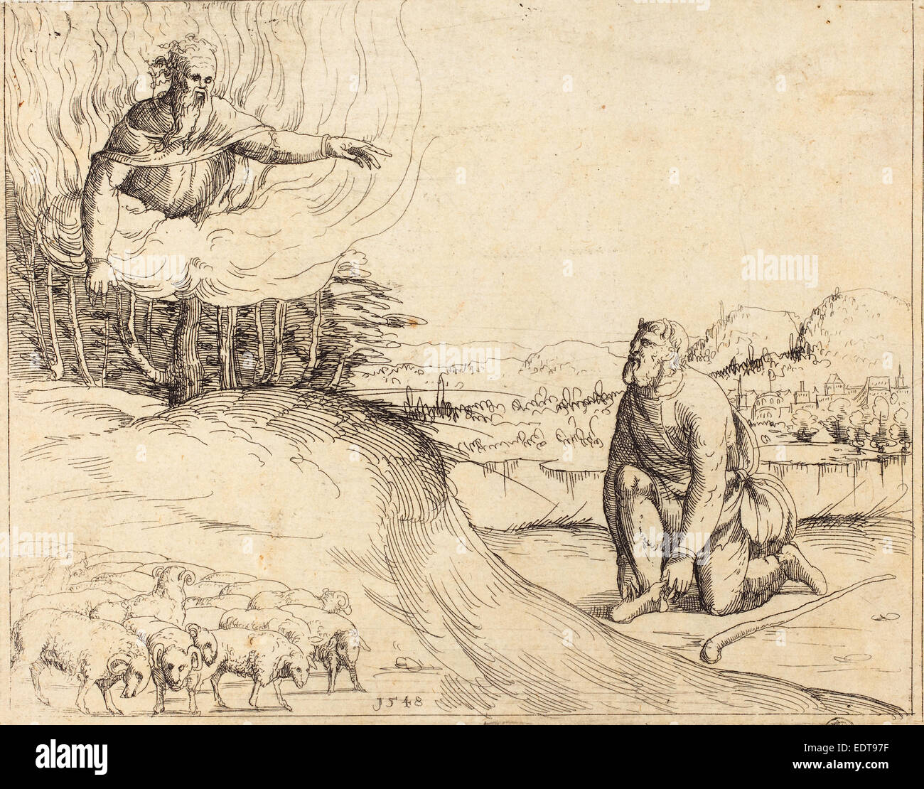 Augustin Hirschvogel (German, 1503 - 1553), Moses and the Burning Bush ...