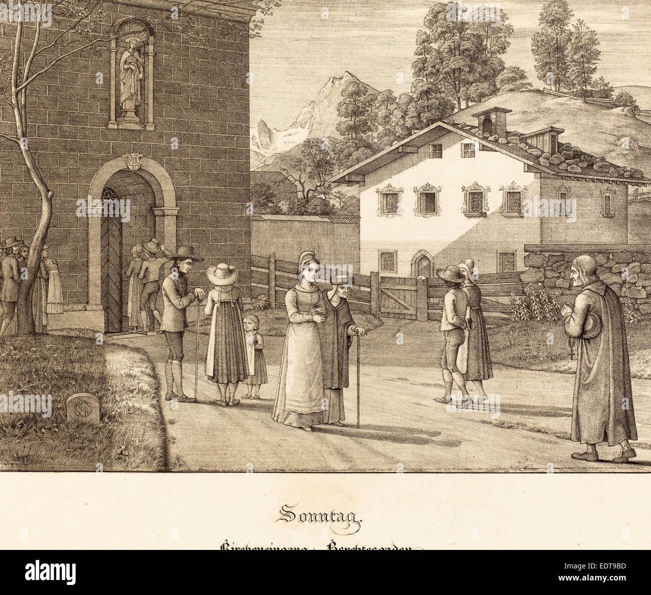 Ferdinand Olivier (German, 1785 - 1841), Sonntag - Kircheneingang in Berchtesgaden (Sunday - Going to Church near Berchtesgaden) Stock Photo