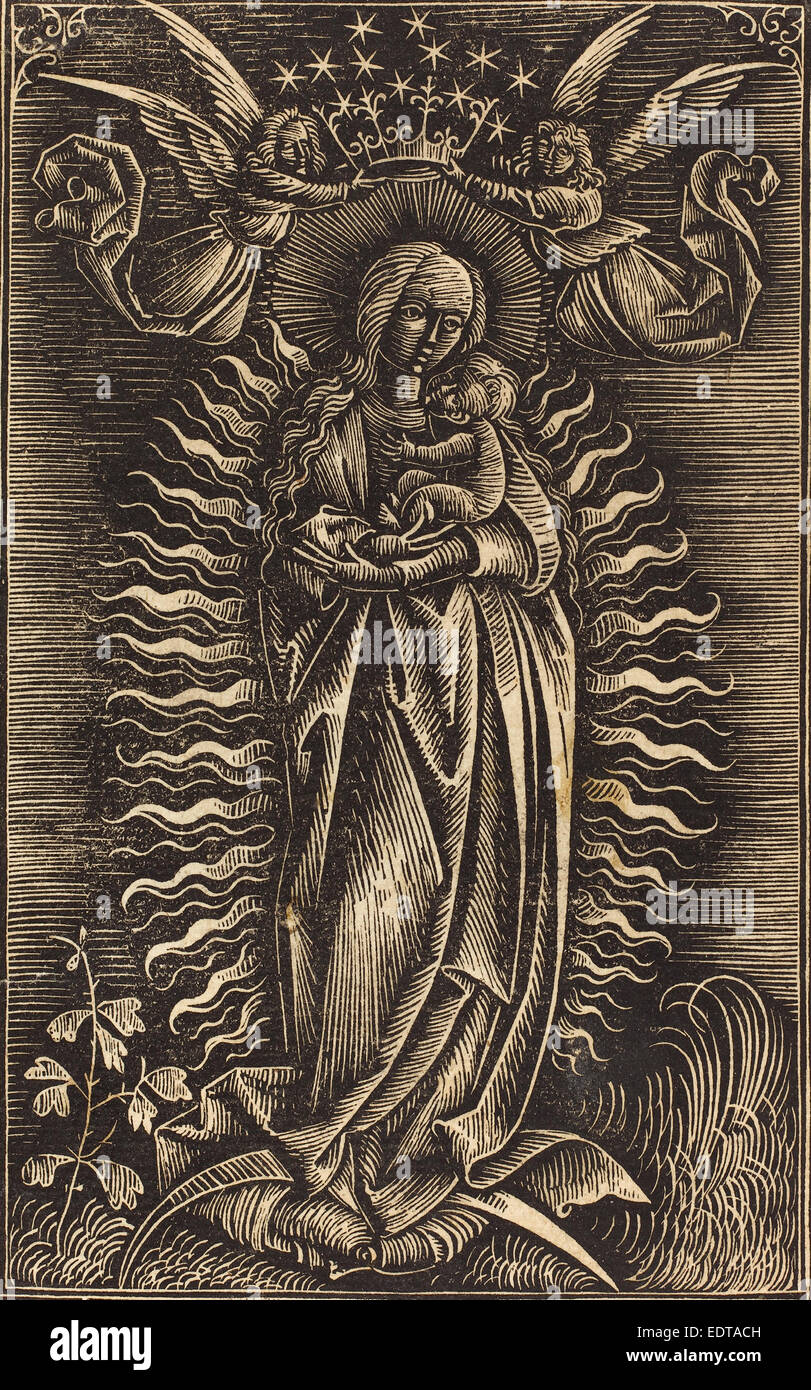 German 15th Century, The Virgin Crowned by Two Angels, c. 1500, white line woodcut Stock Photo