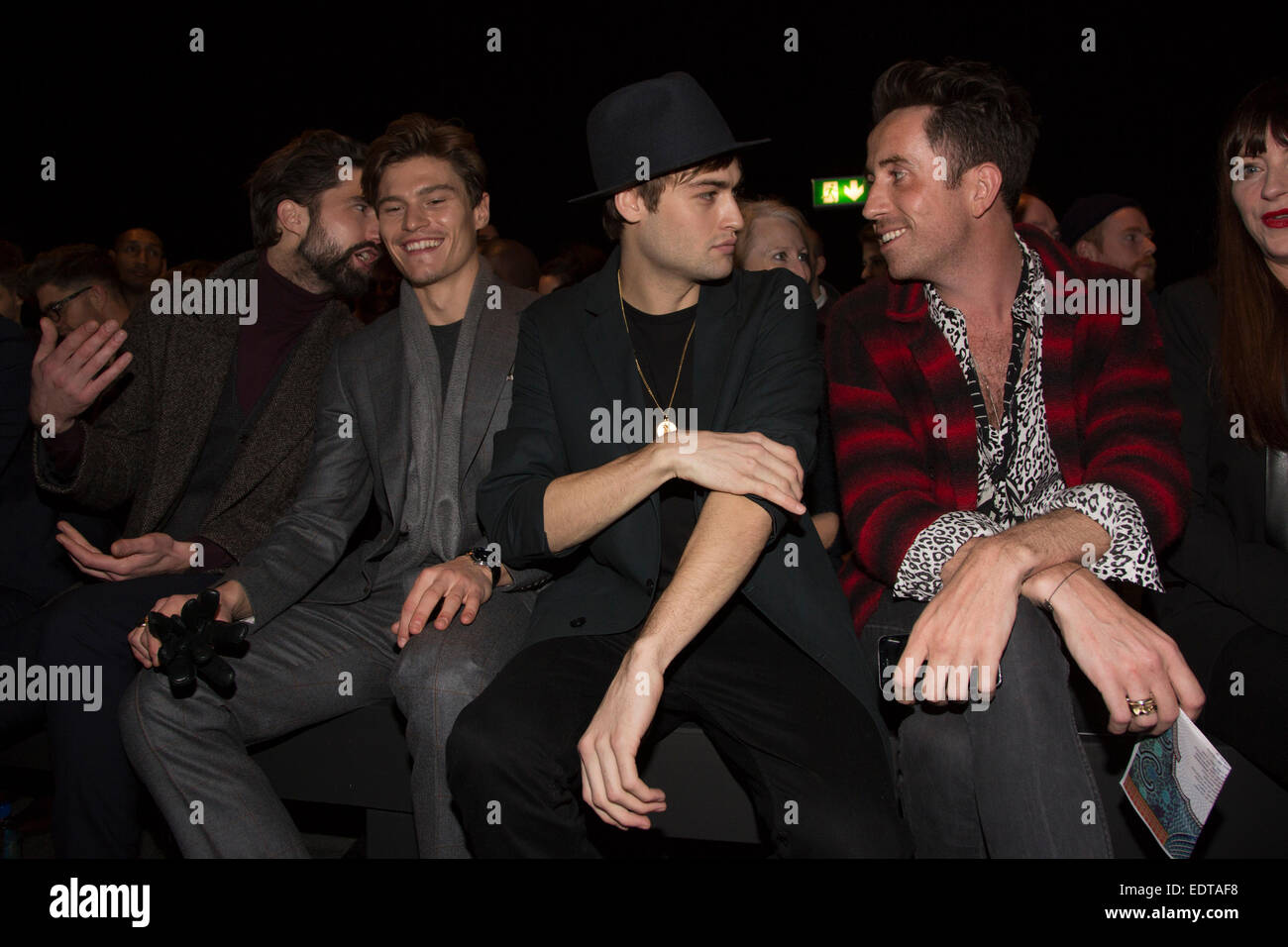 London, UK. 9 January 2015. Pictured: Jack Guinness, Oliver Cheshire, Douglas Booth and Nick Grimshaw. Front row celebrities. The runway show of Topman Design at the Topshow Show Space: The Old Sorting Office opens the London Collections: Men fashion week in London. Photo: CatwalkFashion/Alamy Live News Stock Photo