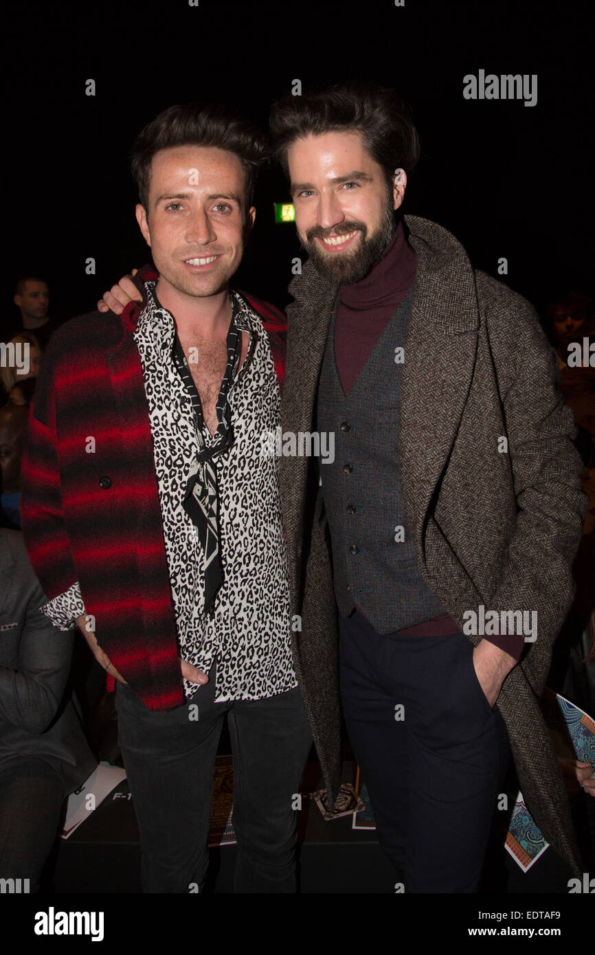 London, UK. 9 January 2015. Pictured: Nick Grimshaw, Jack Guinness. Front row celebrities. The runway show of Topman Design at the Topshow Show Space: The Old Sorting Office opens the London Collections: Men fashion week in London. Photo: CatwalkFashion/Alamy Live News Stock Photo