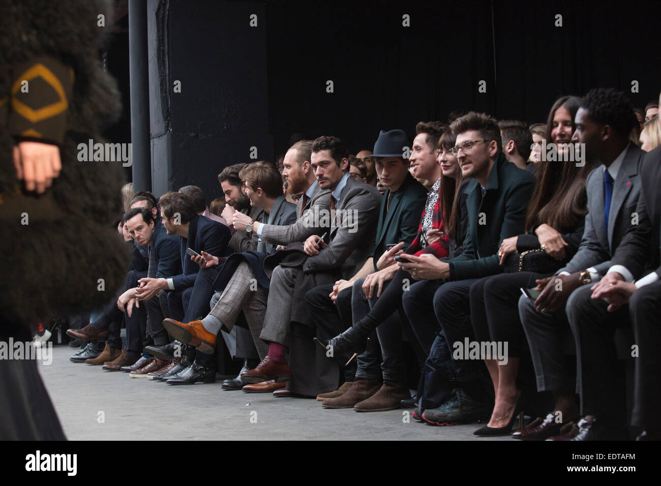 London, UK. 9 January 2015. Pictured: Front row celebrities with Oliver Cheshire, David Gandy, Henry Holland and Nick Grimshaw. The runway show of Topman Design at the Topshow Show Space: The Old Sorting Office opens the London Collections: Men fashion week in London. Photo: CatwalkFashion/Alamy Live News Stock Photo