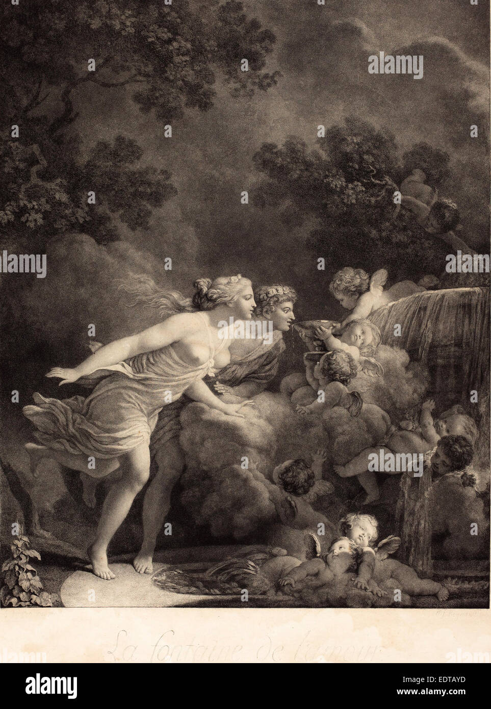 Nicolas Francois Regnault after Jean-Honoré Fragonard (French, 1746 - c. 1810), La Fontaine d'Amour (The Fountain of Love), 1785 Stock Photo