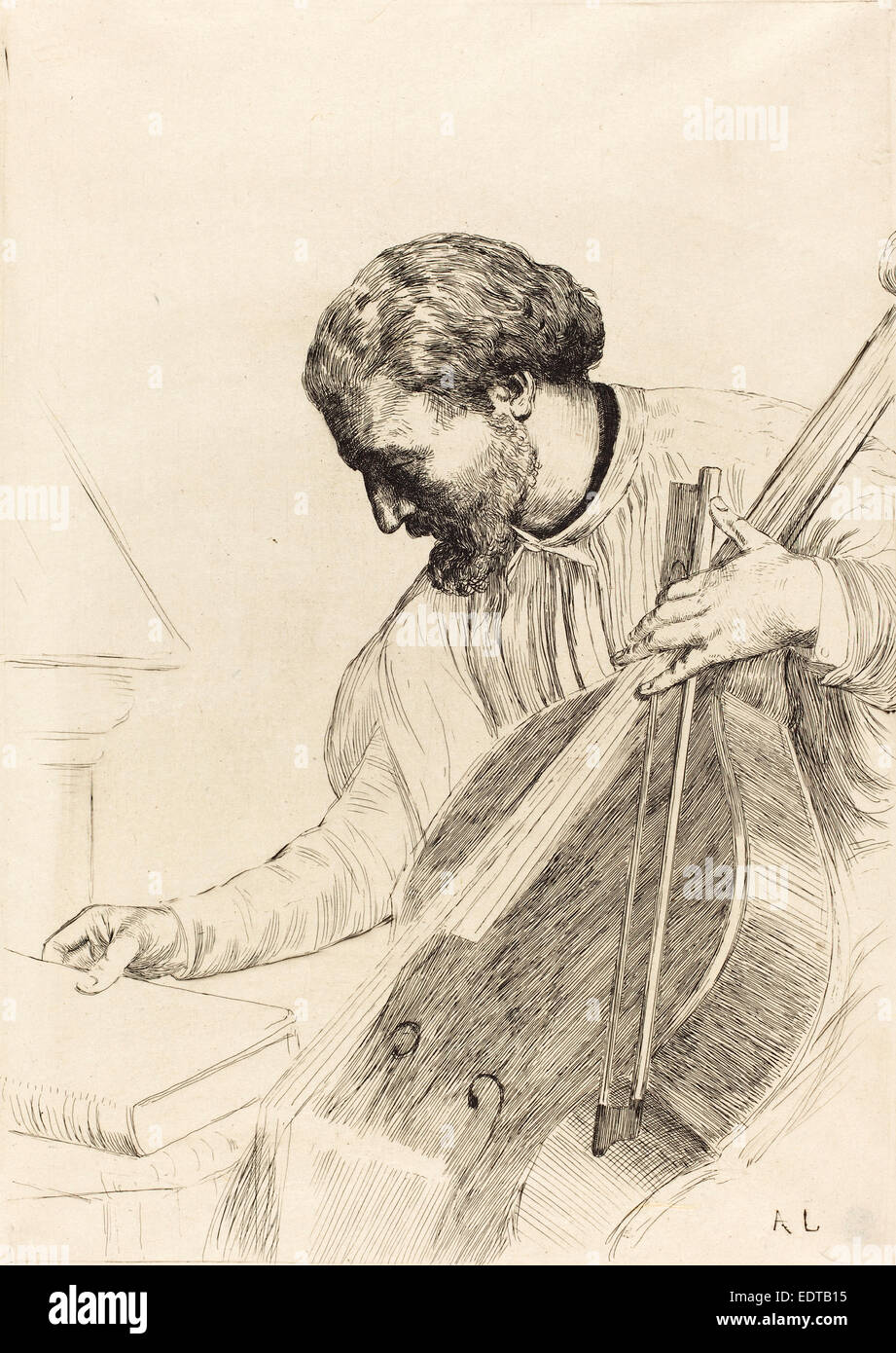 Alphonse Legros, Contre-bass Player (Le joueur de contre-basse), French, 1837 - 1911, etching Stock Photo