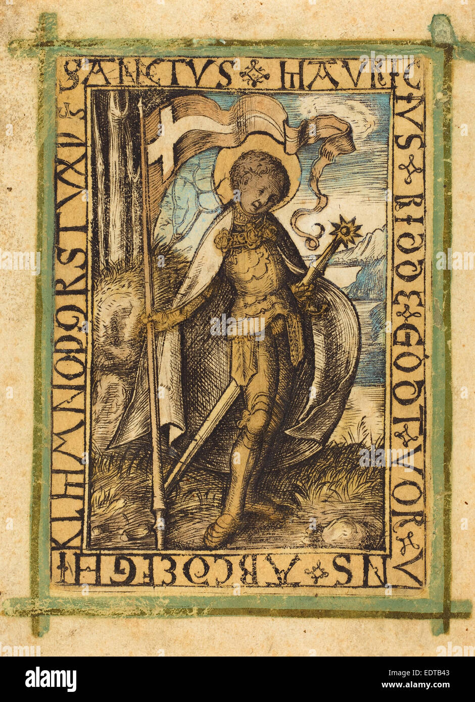 German 15th Century, Saint Maurice, c. 1480-1490, engraving, hand-colored Stock Photo