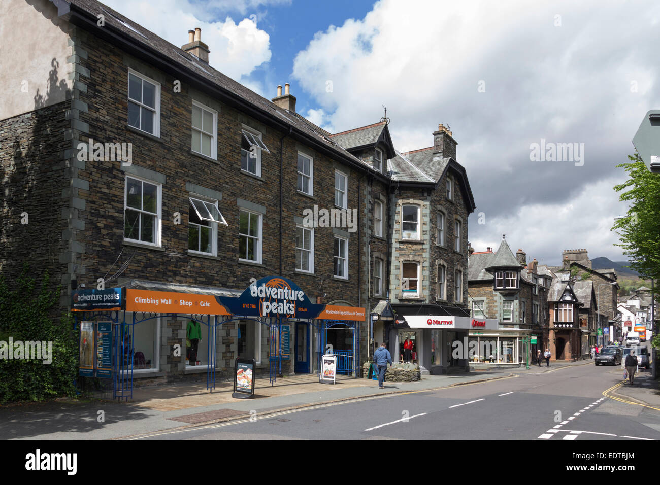 Ambleside in the Lake District Lake Road in the town centre, looking north. Adventure Peaks, the walking and  climbing equipment shop. Stock Photo