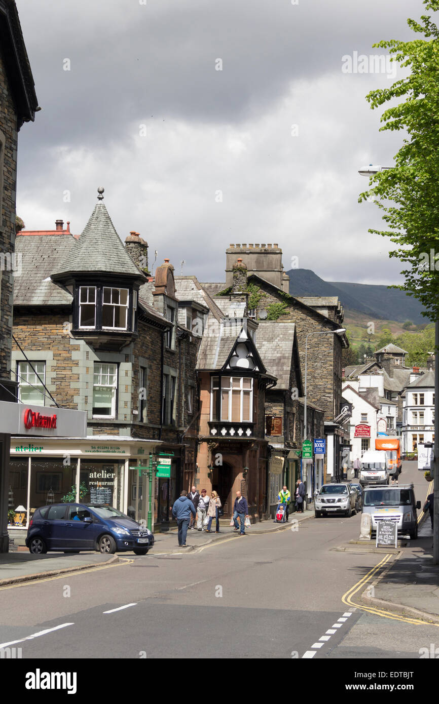 Ambleside in the Lake District showing Lake Road in the town centre looking north towards Market Place. Stock Photo