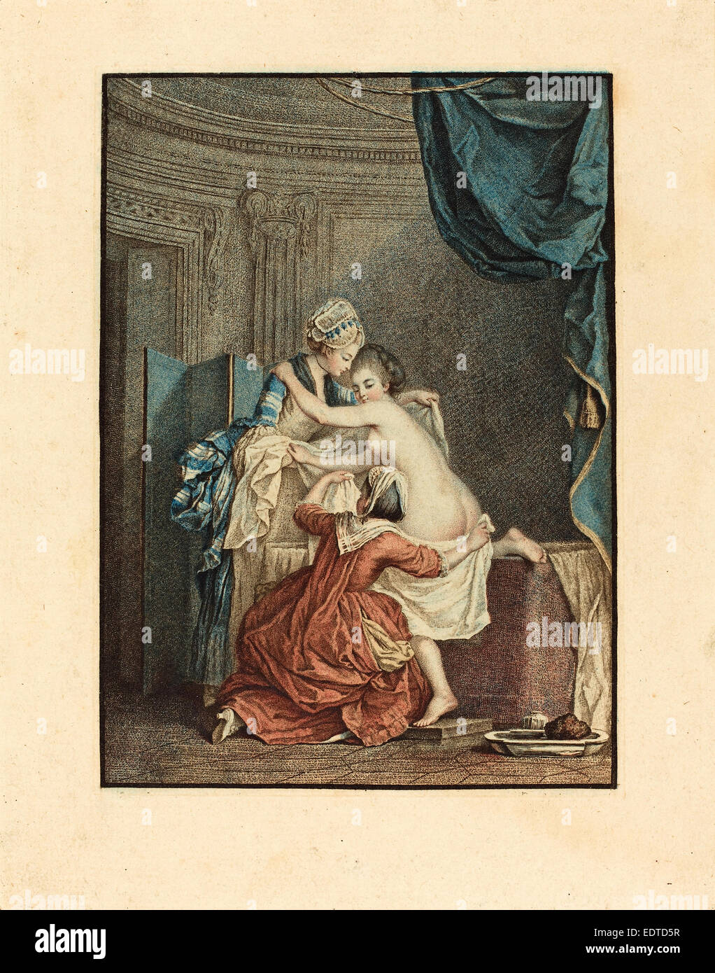 Nicolas Francois Regnault after Pierre-Antoine Baudouin (French, 1746 - c. 1810), Le bain (The Bath), color stipple etching Stock Photo