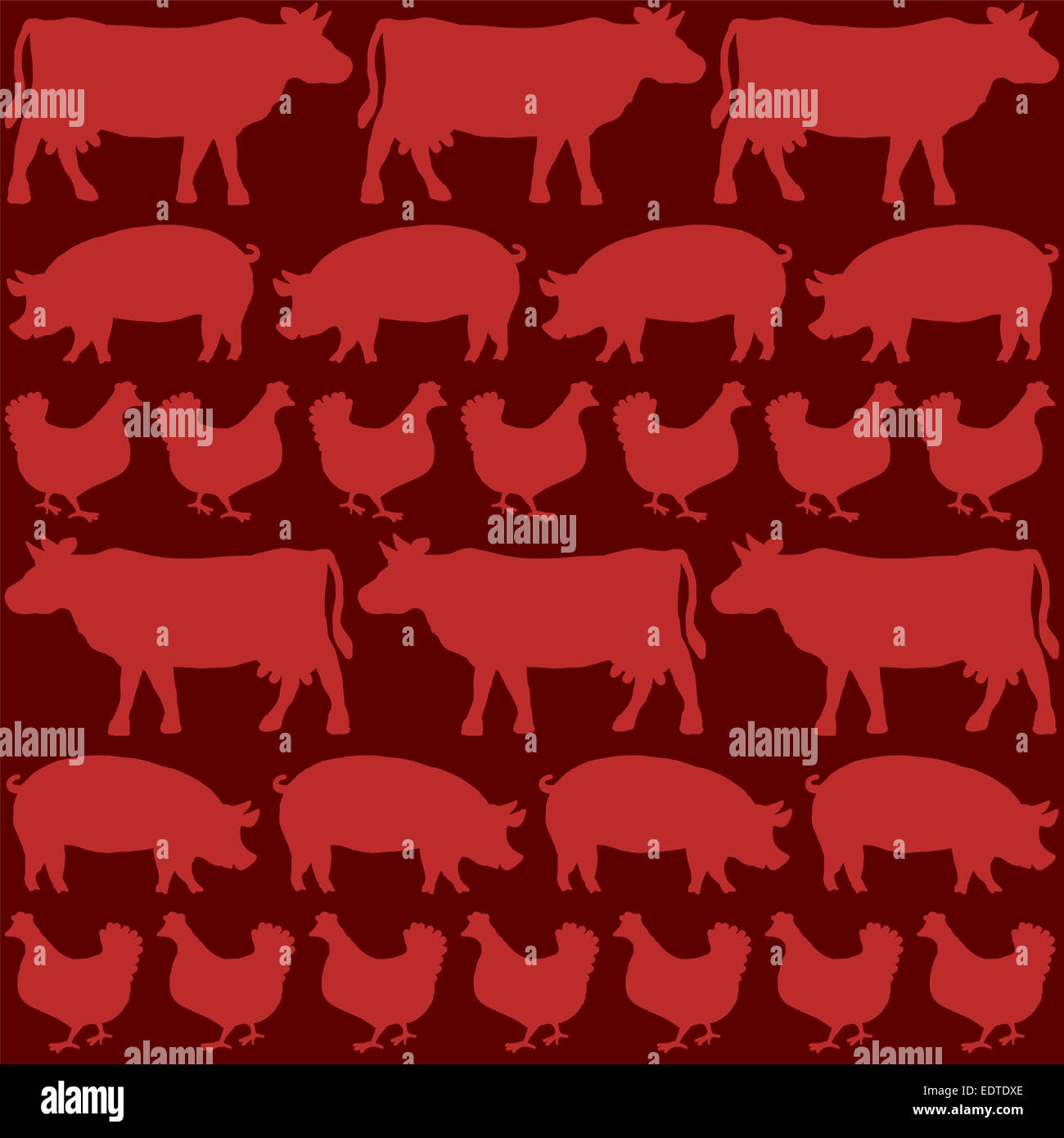 Beef, pork and chicken depicted with the silhouettes of cows, pigs and hens on a blood red background. Stock Photo