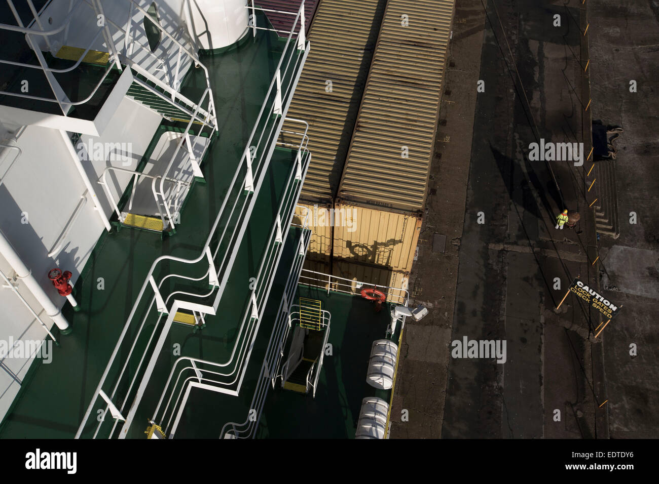 The decks of the Panama-registered container ship MSC Sandra, sailing from Seaforth Docks, Liverpool, UK. Stock Photo
